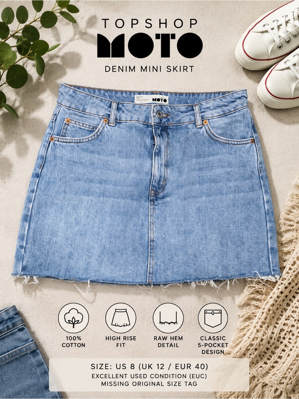 Topshop Moto Denim Mini Skirt Light Wash Raw Hem Women’s US 8 EUC